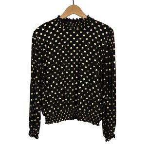 80 Park Metallic Heart Print Top Long Sleeve Semi Sheer Black Gold Casual - XL